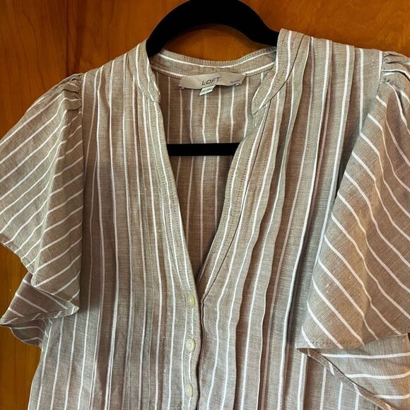Loft Linen Blend Striped Button Front Dress XXSP - Picture 2 of 6